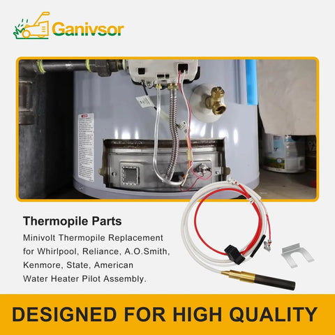 Ganivsor Minivolt thermopile replacement kit for water heaters, red and white wires with brass probe and mounting clip.