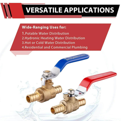 Pack Of 10 Half Inch Pex Brass Full Port Shut Off Ball Valve For Hot And Cold Water With Red And Blue Handles UPC Certified image