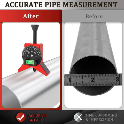 Pipe Center Finder With Magnetic Centering Head For Pros, 2.75 Inch Y Type Pipe Fitting Tool on metal pipe, before and after.