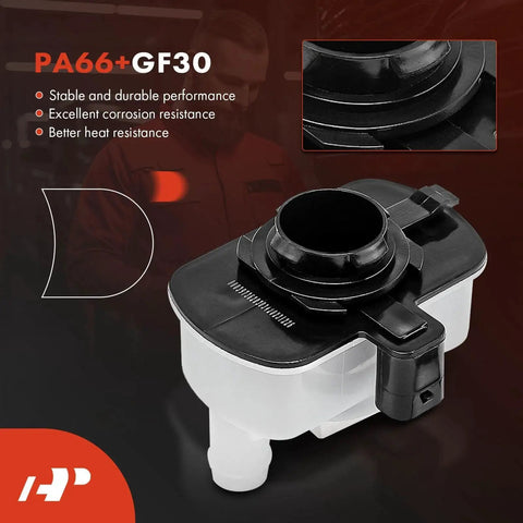 Fuel Vapor Leak Detection Pump For Jeep Grand Cherokee WK2 2011-2019 Liberty KK 2008-2012 Dodge Durango Nitro Ram 1500 Fiat 500 And 500L Chrysler And Ram Vehicles Replace 4861959AA shown in black and white with PA66+GF30 material and features highlighted.