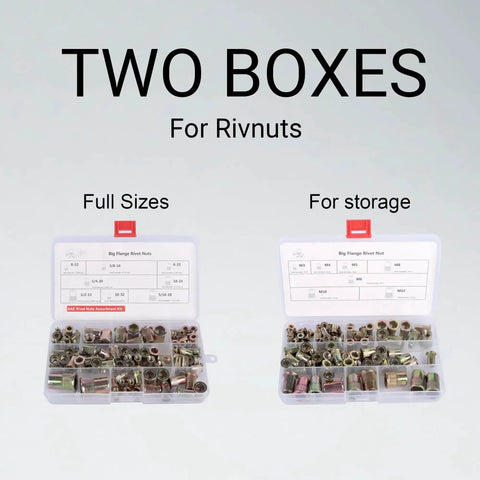 Two open boxes of rivet nuts, visible sizes labeled, for Pro Grade Rivet Nut Tool Kit With Sixteen Inch Gun, Fifteen Mandrels, And Two Hundred Nutserts For Automotive And Metal Repair, Includes SAE And Metric Sizes From M3 To M12 And Inch Sizes One Quarter To One Half.