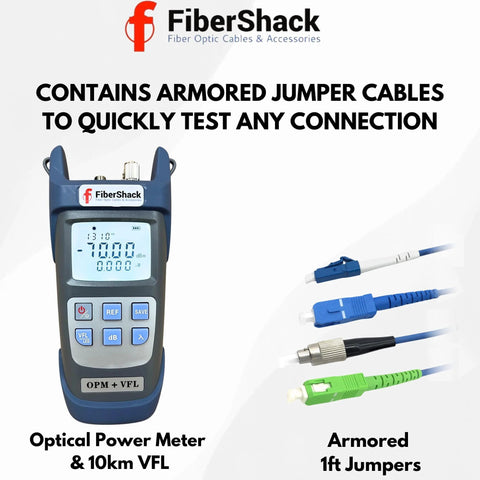 FiberShack Optical Power Meter front view with 10km VFL and armored 1ft jumpers