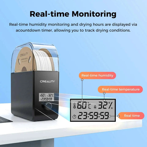 Filament Dryer Box Pro with Fan for 3D Printing, digital display showing real-time temperature and humidity monitoring