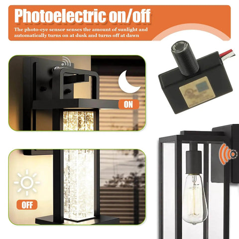 2 Pack Dusk To Dawn Photocell Light Sensor Switch For Outdoor Lighting 105V130V AC, showing on/off functionality and installation