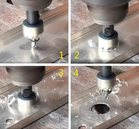 Durable 3/4 Inch HSS Hole Saw Set for Drilling Stainless Steel Aluminum Thin Iron Plastic and Wood, 2 Piece Triangular Shank Cutter Kit in use