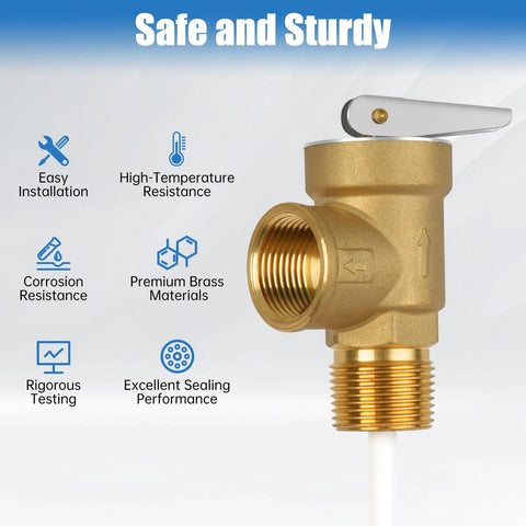 Brass 210°F/150 PSI temperature and pressure relief valve with lever and extension probe, 3/4 in. NPT.