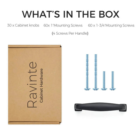 Box containing 30 Pack Solid 3 Inch Cabinet Handles Matte Black Zinc Alloy Pulls for Kitchen Cupboards and Drawers with screws