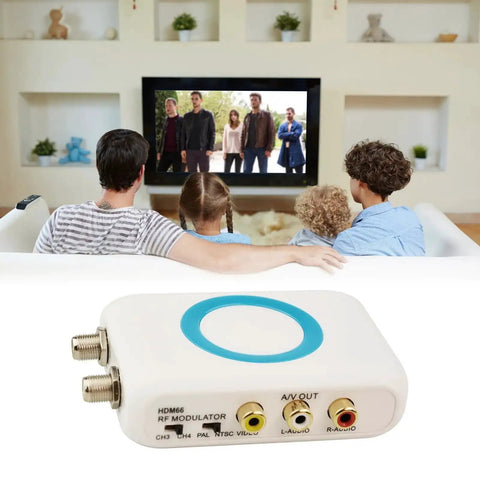 HDMI To RF Modulator For TV With PAL NTSC Output Plug And Play HDMI RF Converter showcased in a home TV setting