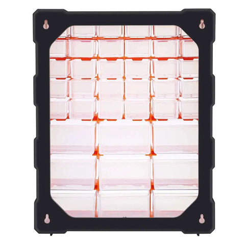 Front view of Wall Mount Cabinet Organizer With 39 Drawers And Removable Dividers, Doubles Capacity To 78 Compartments For Hardware, Craft Supplies, And Small Parts, DIY Friendly, Black And Orange Plastic Garage Storage System, 15 By 6.3 By 18.6 Inches