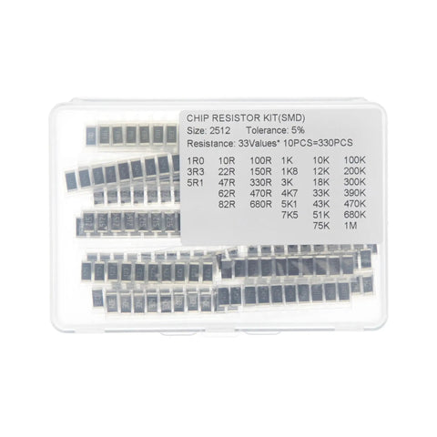Front view of SMD chip resistor kit 2512, 330 pcs, 33 values, 5% tolerance in clear case