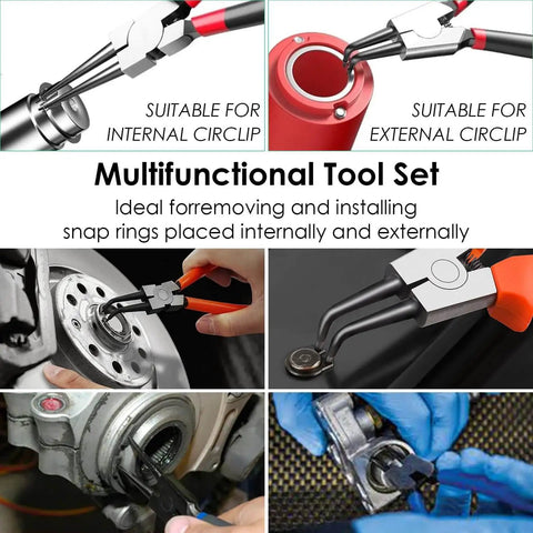 4 Piece Snap Ring Pliers With 500 C Clip Retaining Rings Set 7 Inch Internal External Circlip Pliers M4 To M28 Retaining Rings All In One Kit For Automotive Machinery DIYers And Pros. Image shows pliers in use on automotive parts.