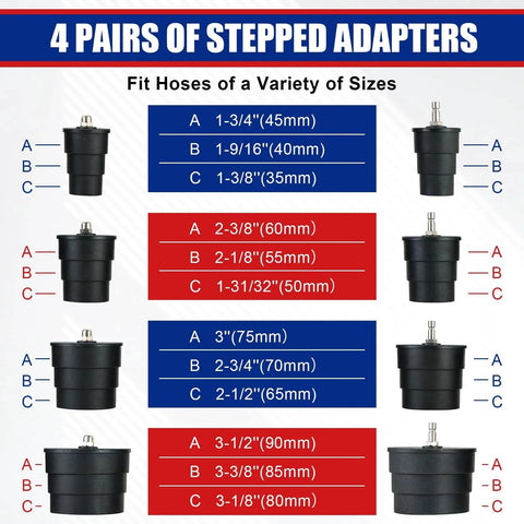 Diagram of 4 pairs of stepped adapters in various sizes for Pro Grade Turbo System Leak Tester Kit With 10 Piece Pressure Tester And Four Step Adapter Set For Turbocharger Emission Cooling And Exhaust Systems For Quick Precise Leak Detection And Restored Vehicle Performance NYXOVA.