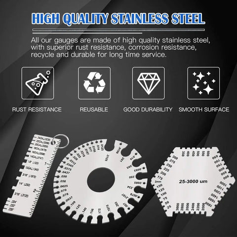 Pro Grade Welding Gauge Kit From Glarks 3 Pack Stainless Steel Wet Film Comb Wire Metal Sheet Thickness Gauge close-up view.