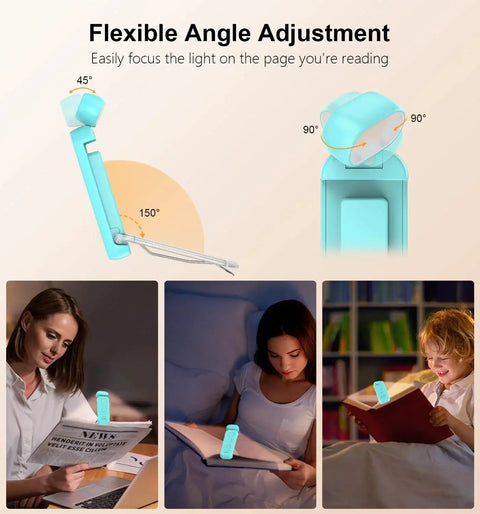 Rechargeable Clip On Reading Light With 3 Color Temps And 5 Brightness Levels shown in various reading scenarios