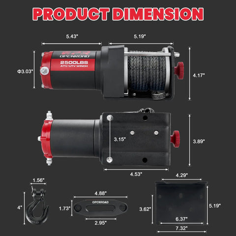 Beefed Up Heavy Duty 2500 Lb 12V ATV UTV Winch With Waterproof Electric Motor dimensions, showing length and width for installation.