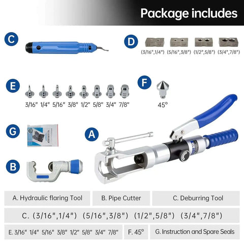 Package contents of Pro Grade Handheld Hydraulic Flaring Tool Kit For 3/16 To 7/8 Inch Copper Tubing with swaging tools and accessories.