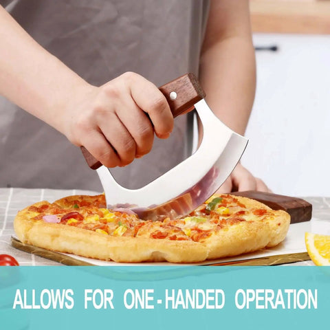 Person using Go To Ulu Knife Rocker With Stand For Pizza Meat Veggies And Herbs Salad Stainless Steel Blade Walnut Wood Handle