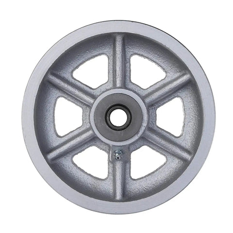 Front view of Built To Haul Heavy Duty 6 Inch Cast Iron V Groove Caster Wheel with Straight Roller Bearings in Silver Finish