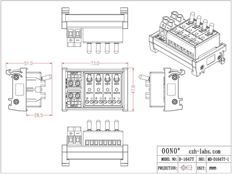 Technical drawing of a four channel toggle switch power distribution module for DIN rail mount with LED on off indicators.