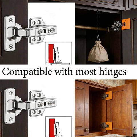 Magnetic Door Hinge Jig Set Four Piece Quickly Aligns And Mounts Hinges Hands Free With 2mm Gap Locator For Cabinets And Doors Fits Most Doors Bright Orange installed on cabinet.