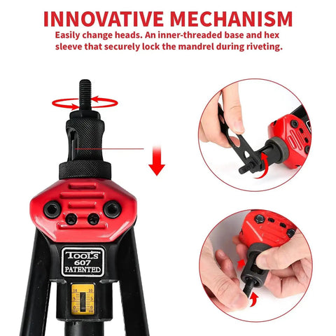 Rivet Nut Tool Kit 16 Inch With 15 Metric And SAE Mandrels, Rivnut Gun showing tool-free mandrel change mechanism.