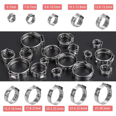 40 Pack 15.3mm To 18.5mm Single Ear Hose Clamps PEX Cinch Clamps Stainless Steel 304 Crimp Hose Clamp displayed with size labels