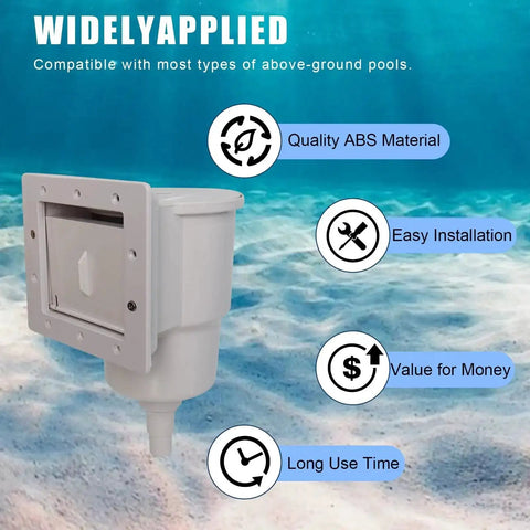 SP1091LX Above Ground Pool Skimmer Replacement Kit Dyna-Skim With Accessories underwater view, showing ABS material, easy install icons.