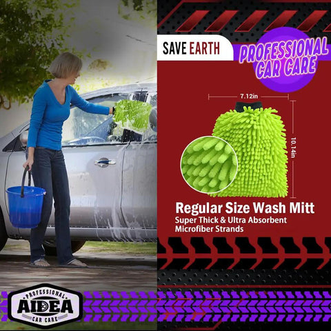 Scratch Free Microfiber Car Wash Mitt 2 Pack For Lint Free Shine And Scratch Resistant Cleaning, Extra Plush Chenille, Green, Double Sided Microfiber Mitts, 7.12 by 10.14 Inches Gentle On Paint AIDEA, woman using mitt on car.