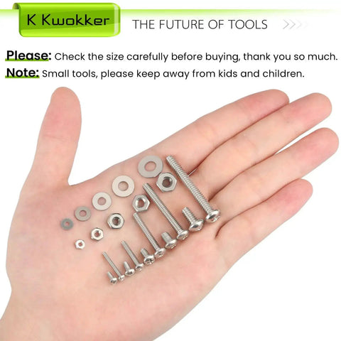 Hand holding 1110 Piece Nuts Bolts and Washers Set With 25 Sizes and 5 Models Stainless Steel 304 Screws and Nuts Assortment Kit For DIY Projects Repairs and Heavy Duty Hobby Work.