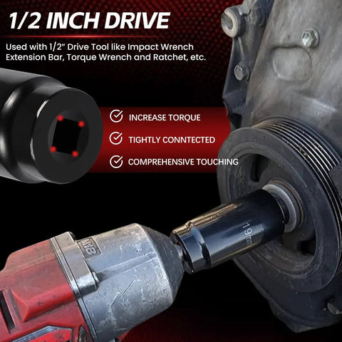 Half Inch Drive Crank Bolt Socket Set 19mm used with impact wrench for harmonic balancer removal on engine crankshaft