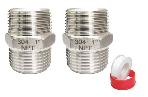 POTONZ two 1-inch NPT male-to-male hex nipple fittings, 304 stainless steel, with plumber's tape