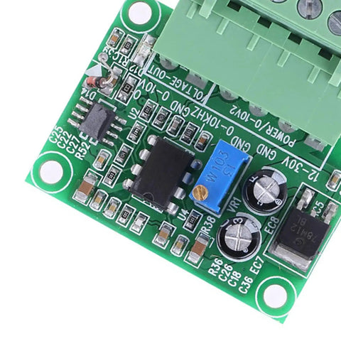 Close-up of Plug And Play Frequency To Voltage Converter Module 0 To 10 kHz To 0 To 10 V Analog Output For PWM Control of PLC and VFD Inverter.