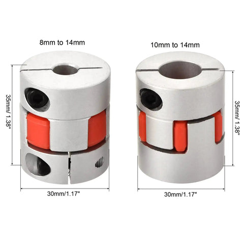 Plum Shaped Flexible Shaft Coupling 8mm To 14mm Or 10mm To 14mm Bore Aluminum Alloy Body With Polyurethane Sleeve 30mm Diameter 35mm Length