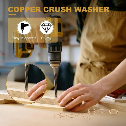 Copper Crush Washers 24mm ID 30mm OD 1.5mm Thick 5 Pack High Quality in use with drill on wood surface