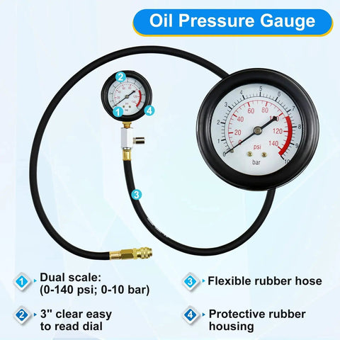 Oil Pressure Tester Tool Kit 0-140 PSI Gauge with flexible hose and dual scale, designed for fuel system diagnostics in blue case.
