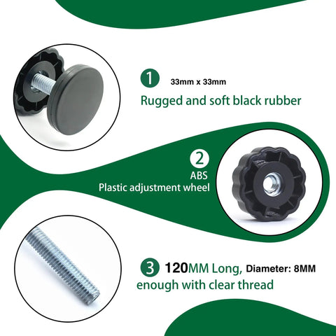 Image showing components of 4 Pack 8MM Threaded Spindle Rods For Baby Gates Pressure Mounted Accessory Bolts Kit, featuring rubber ends and plastic adjustment wheel.