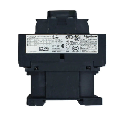 Rear view of Three Pole AC Contactor LC1 D32G7 32 Amp 120V Coil, showing label and connectors for industrial automation applications.