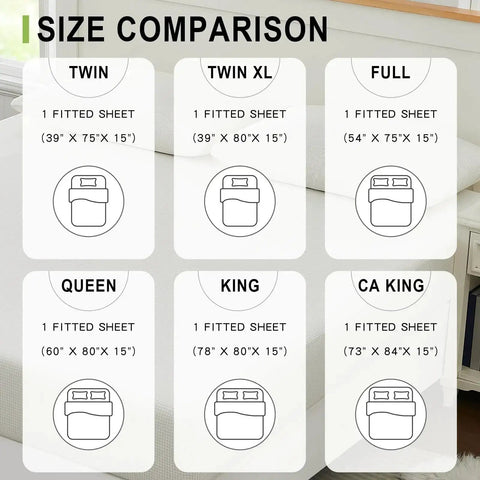 Grounding Sheets King Size With Fifteen Percent Silver Fiber And Eighty Five Percent Cotton Includes Outlet Tester Grounded Sheet Kit Fitted Bed Sheet Earth Connected Bedding White For Real Sleep Setup size comparison chart with dimensions for twin, twin XL, full, queen, king, and CA king.
