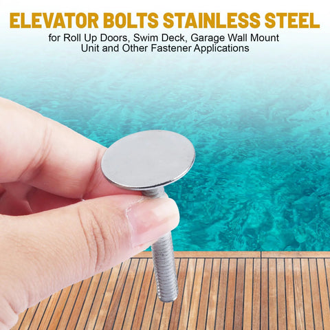 Elevator bolt, 1/4-20 zinc-plated, flat head, 2 in length, held by hand over wood deck
