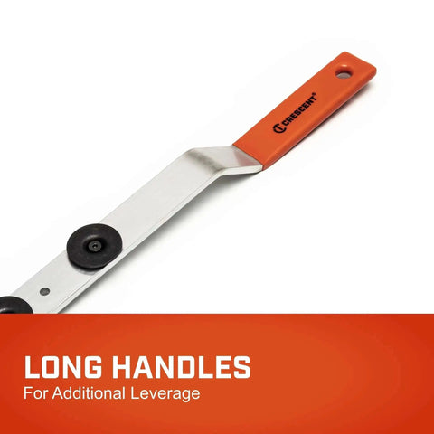 Heavy Duty Duct Stretcher Tool for HVAC Systems with long handle leverage, pro grade, shown in side view with steel and red handle