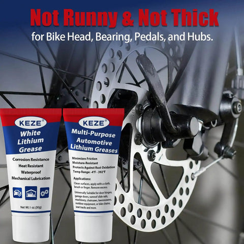 Multi Purpose Lithium Grease For Automotive Bike And Garage Gear Lubricant High Temp Heavy Duty NLGI 2 With Brush For Bearings Gears Hinges Sunroofs Track Rails And More 2 Pack 1oz Tubes shown with bike disc brake.
