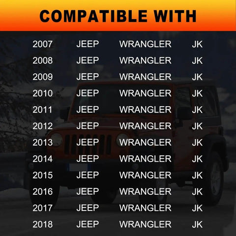 Compatibility list for Jeep Wrangler JK 2007 to 2018 with orange vehicle in background