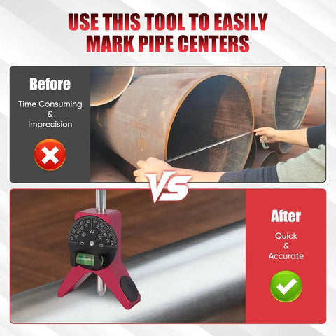 Comparison showing before and after using Pipe Center Finder With Centering Head For Pipe Fitting Measures Diameter Over 0.5 Inches 4 Inch Y Type Base Adjustable Dial Bubble Protractor Ideal Tool For Centerlines Angles Butt Ins And Tank Work