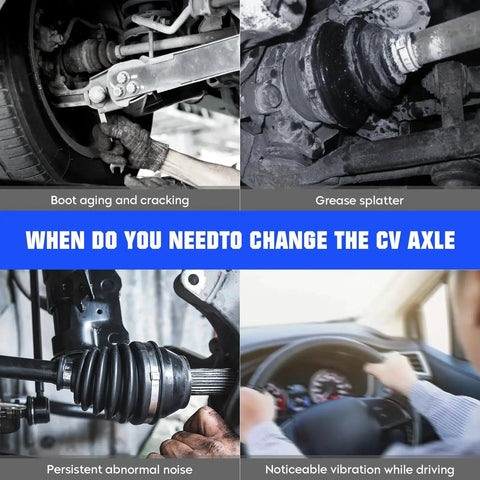 Stages of CV axle wear and symptoms like boot cracking, grease splatter, noise, and vibration during driving.
