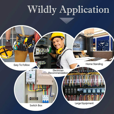 Collage showing applications including switch box, electrician work, home renovation, tool belt, and large equipment setup.
