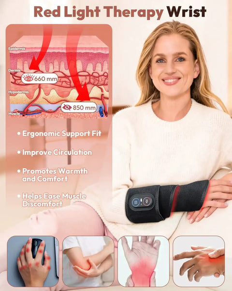 No Cords Red Light Therapy Wearable Wrist Massager with Infrared Heating Pad, woman wearing device, diagram showing 660nm and 850nm LEDs.