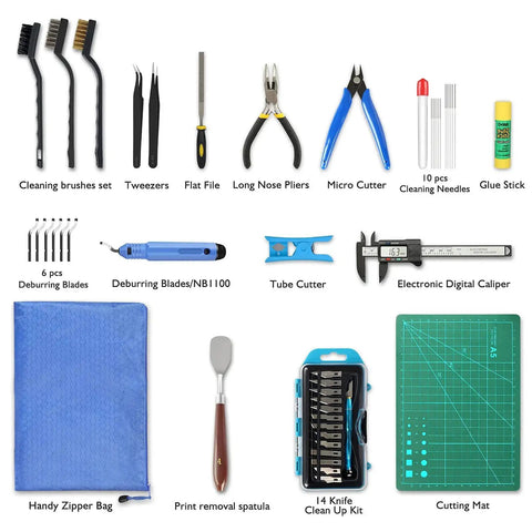Complete 45 Piece 3D Printer Tools Kit For Faster Deburring Finishing And Cleaning Includes Deburring Tool Digital Caliper Art Knife Set Tube Cutter And Handy Storage Bag For Easy Print Prep And Post Processing