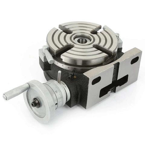 Front view of 6 Inch Rotary Table for Milling Machines with Vertical and Horizontal Indexing Capabilities, metal construction.