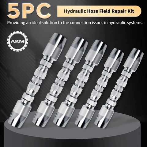 Reusable Five Pack Hydraulic Hose Field Repair Kit For Two Wire Braided Hoses displayed with zinc-plated components.