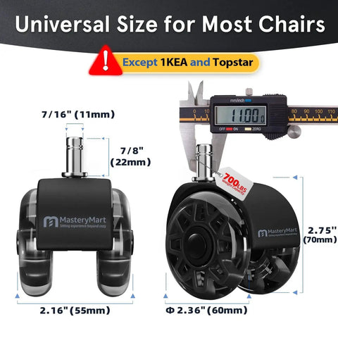 2.5 Inch Heavy Duty Office Chair Caster Wheels Set For Carpet And Hardwood Floors Universal 11x22mm with soft rubber treads